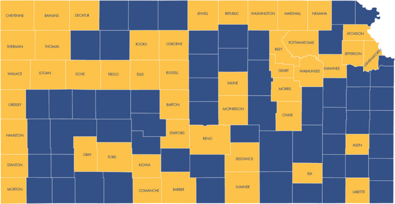 Map of Kansas with several counties labelled by name.